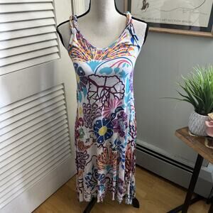 CRAZY FISH Dress Womens XL White Tropical Floral Tank Jersey Hawaii Beach